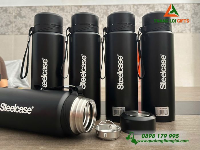 Bình Giữ Nhiệt LocknLock Màu Đen 500ml In Logo Steelcase Trắng