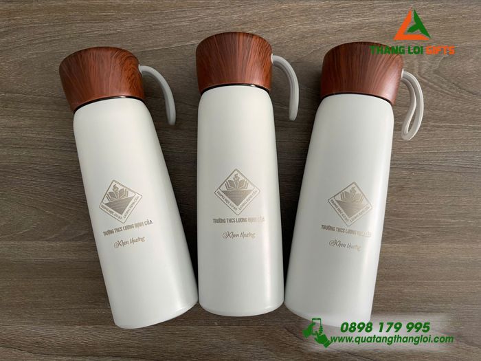 Bình Giữ Nhiệt Nắp Vân Gỗ Nâu Khắc Logo Trường LDC Làm Qùa Tặng Khen Thưởng