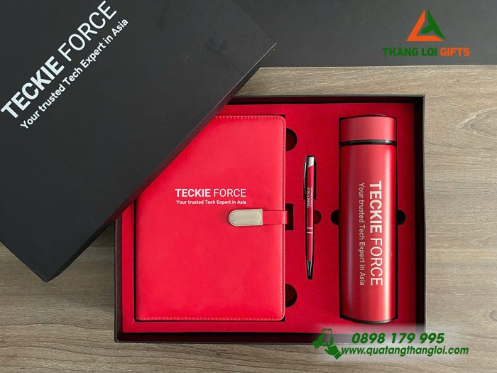 Bộ Qùa Tặng Giftset Sổ Tay Bút Ký Bình Giữ Nhiệt In Khắc Logo Doanh Nghiệp TECKEI FORCE