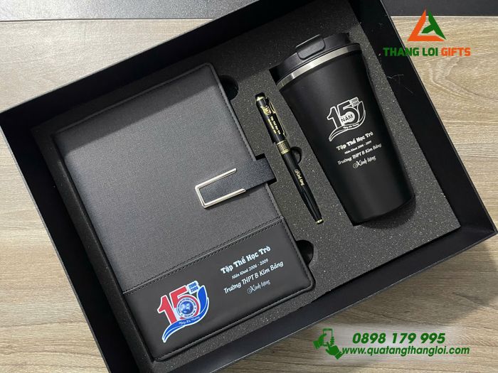Bộ Qùa Tặng Giftset Sổ tay + Bút ký + Bình giữ nhiệt In Khắc Nội Dung Làm Qùa Tặng Tri Ân Trường Học