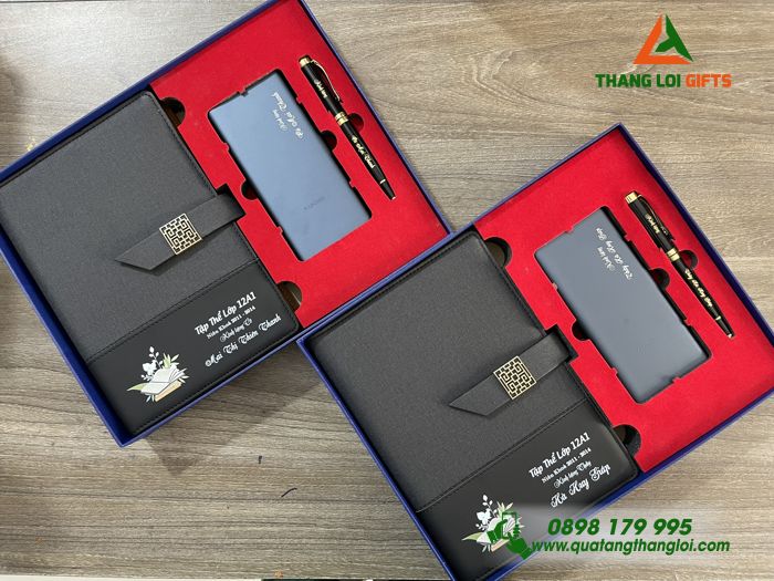 COMBO QUÀ TẶNG GIFTSET KHẮC LOGO - SỔ TAY BÌA CÒNG - PIN SẠC - BÚT KÝ