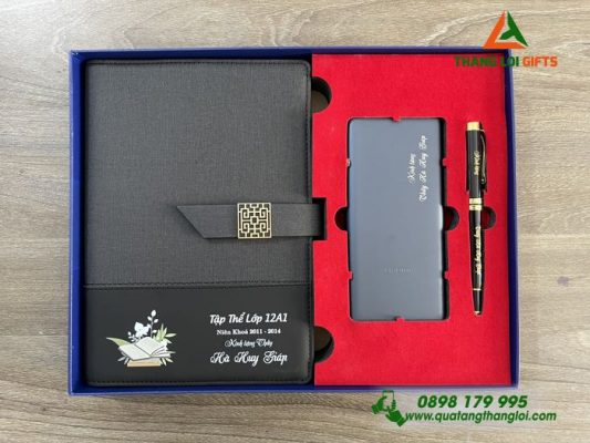 COMBO QUÀ TẶNG GIFTSET KHẮC LOGO - SỔ TAY BÌA CÒNG - PIN SẠC - BÚT KÝ