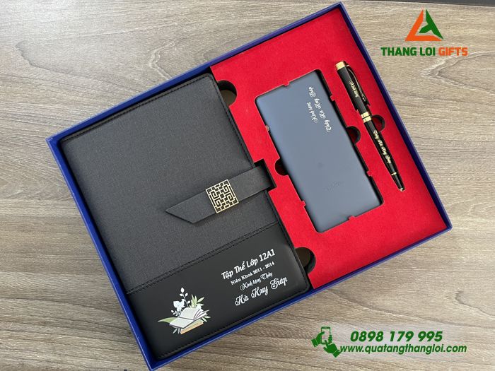 COMBO QUÀ TẶNG GIFTSET KHẮC LOGO - SỔ TAY BÌA CÒNG - PIN SẠC - BÚT KÝ