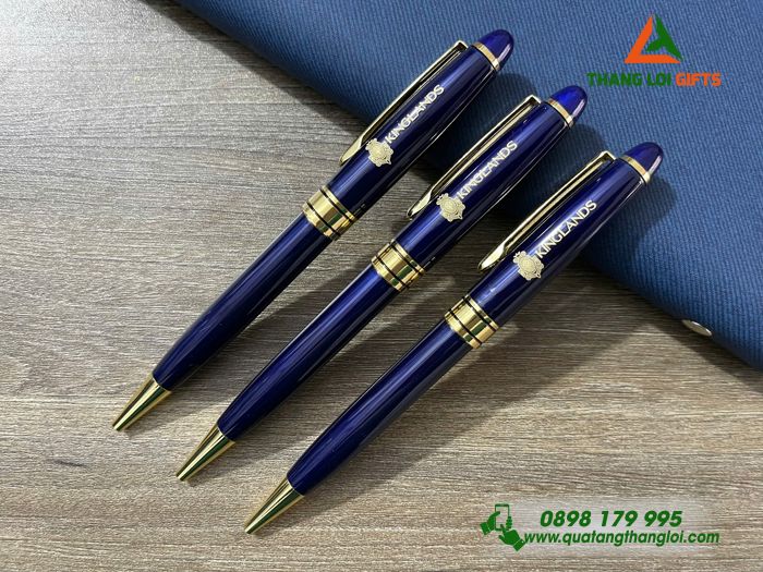 Bút Ký Kim Loại Màu Xanh Khoen Vàng In Khắc Logo KINGLANDS