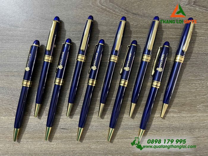 Bút Ký Kim Loại Màu Xanh Khoen Vàng In Khắc Logo KINGLANDS