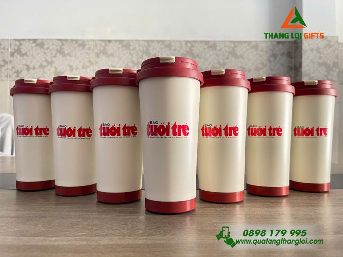 Ly Giữ Nhiệt Màu Trắng In Ấn Logo BÁO TUỔI TRẺ