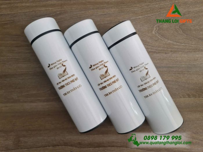 Bình Giữ Nhiệt Sơn Bóng Màu Trắng In Khắc Nội Dung Tri Ân Thầy Cô