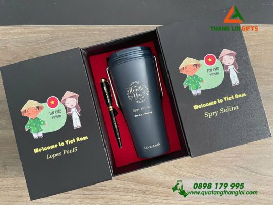 Ly Giữ Nhiệt LocknLock Và Bút Ký Đen In Khắc Logo Làm Qùa Tặng Tri Ân
