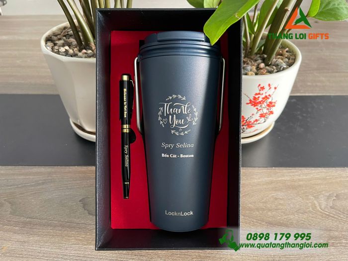 Ly Giữ Nhiệt LocknLock Và Bút Ký Đen In Khắc Logo Làm Qùa Tặng Tri Ân
