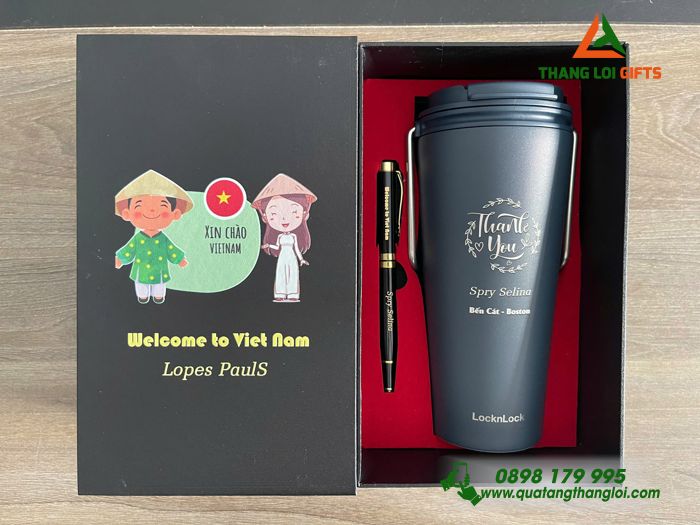 Ly Giữ Nhiệt LocknLock Và Bút Ký Đen In Khắc Logo Làm Qùa Tặng Tri Ân