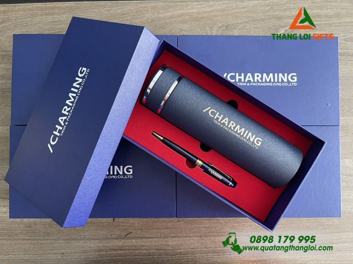Bộ Qùa Tặng Giftset Bình Giữ Nhiệt - Bút Kim Loại In Khắc Logo CHARMING