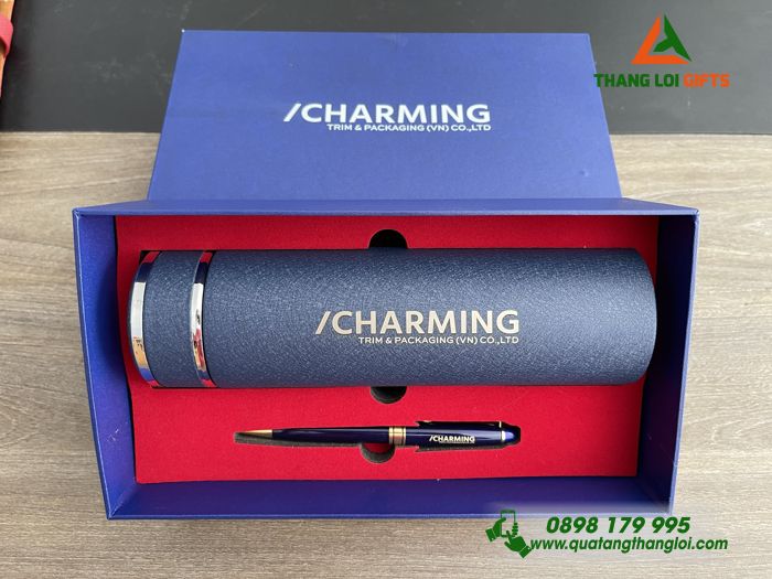 Bộ Qùa Tặng Giftset Bình Giữ Nhiệt - Bút Kim Loại In Khắc Logo CHARMING