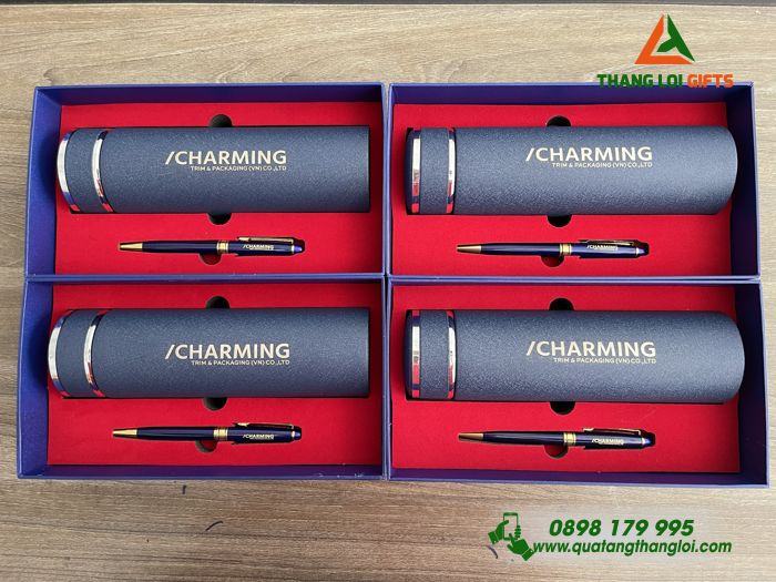 Bộ Qùa Tặng Giftset Bình Giữ Nhiệt - Bút Kim Loại In Khắc Logo CHARMING