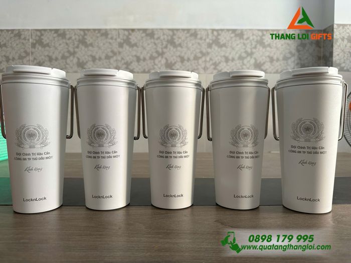 Ly giữ nhiệt Lock&Lock màu trắng Khắc Logo Đội Chính Trị Hậu Cần