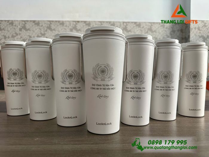 Ly giữ nhiệt Lock&Lock màu trắng Khắc Logo Đội Chính Trị Hậu Cần