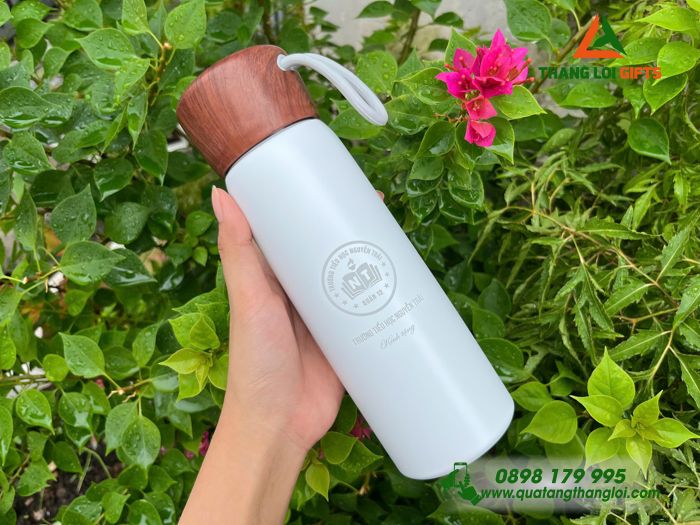 Bình Giữ Nhiệt Nắp Vân Gỗ Khắc Trường Tiểu Học Nguyễn Trãi