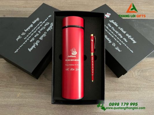Bộ Qùa Tặng Bình Giữ Nhiệt + Bút Ký Màu Đỏ Khắc Thương Hiệu Jolibee