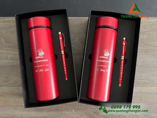 Bộ Qùa Tặng Bình Giữ Nhiệt + Bút Ký Màu Đỏ Khắc Thương Hiệu Jolibee