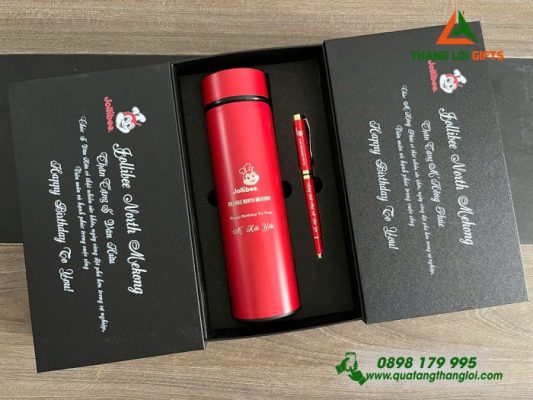 Bộ Qùa Tặng Bình Giữ Nhiệt + Bút Ký Màu Đỏ Khắc Thương Hiệu Jolibee