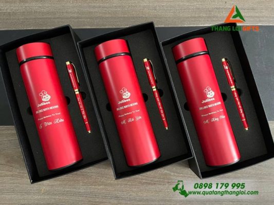 Bộ Qùa Tặng Bình Giữ Nhiệt + Bút Ký Màu Đỏ Khắc Thương Hiệu Jolibee