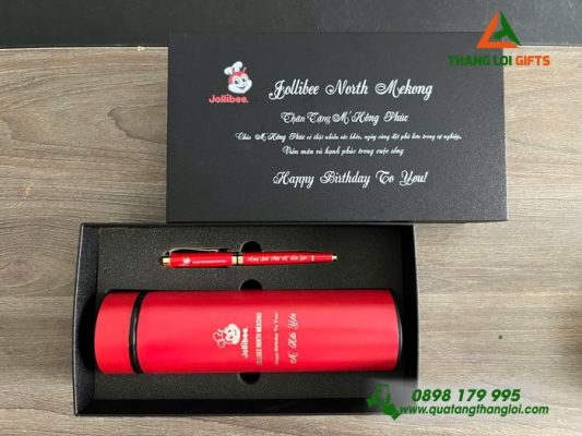Bộ Qùa Tặng Bình Giữ Nhiệt + Bút Ký Màu Đỏ Khắc Thương Hiệu Jolibee