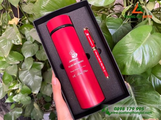 Bộ Qùa Tặng Bình Giữ Nhiệt + Bút Ký Màu Đỏ Khắc Thương Hiệu Jolibee