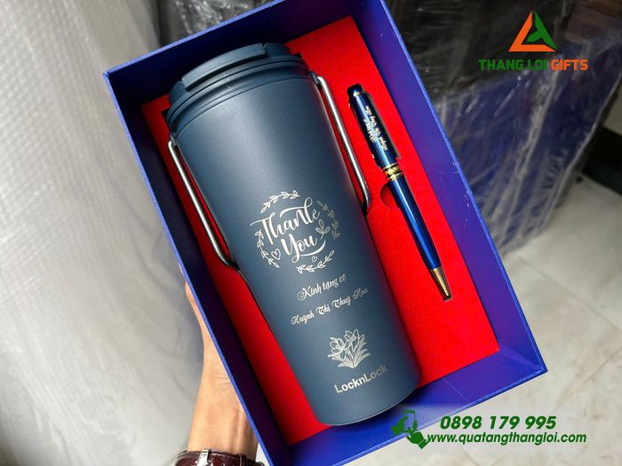 Bộ Qùa Tặng Ly LocknLock Có Quai Xách + Bút Ký Khắc Tên Làm Qùa Tặng Tri Ân Thầy Cô