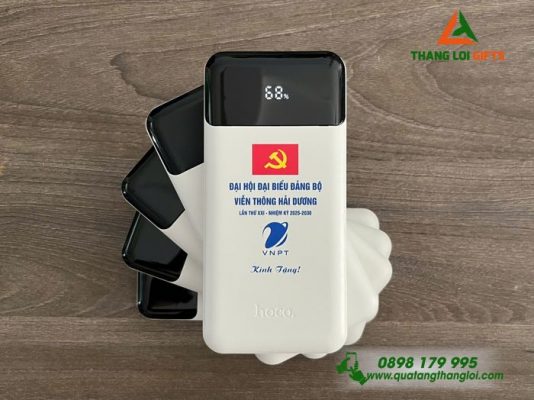 Pin Sạc Dự Phòng HOCO Màu Trắng In Đại Hội Đảng Biểu Đảng Bộ Viễn Thông Hải Dương