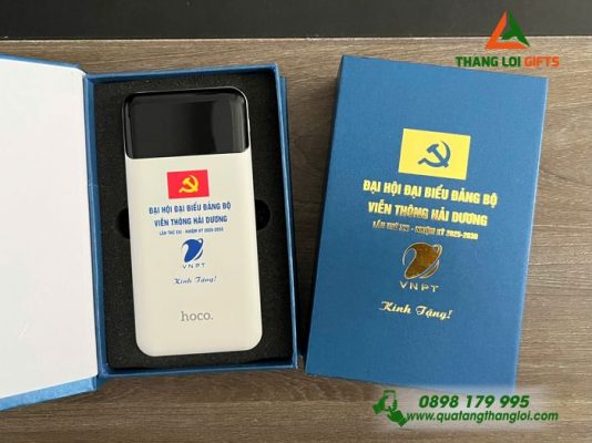 Pin Sạc Dự Phòng HOCO Màu Trắng In Đại Hội Đảng Biểu Đảng Bộ Viễn Thông Hải Dương