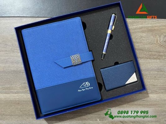  Bộ Qùa Tặng (Sổ+ Bút+ Hộp Namecard)  Màu Xanh - In Khắc Logo Doanh Nghiệp