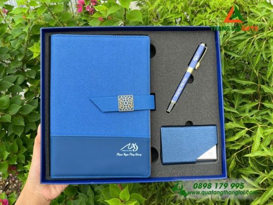  Bộ Qùa Tặng (Sổ+ Bút+ Hộp Namecard)  Màu Xanh - In Khắc Logo Doanh Nghiệp