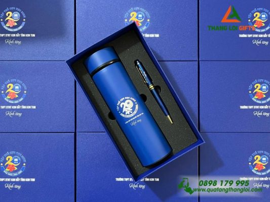 COMBO QUÀ TẶNG (BÌNH GIỮ NHIỆT + BÚT KÝ) MÀU XANH – IN KHẮC LOGO ĐẠI HỘI ĐẠI BIỂU