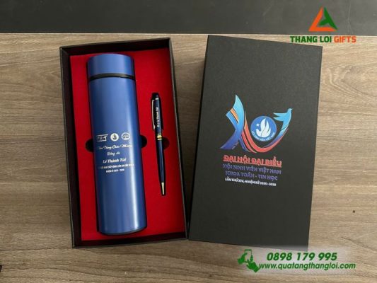 Combo Quà Tặng (Bình+ Bút) Màu Xanh – In Khắc Logo Đại Hội Đại Biểu