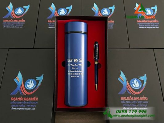 Combo Quà Tặng (Bình+ Bút) Màu Xanh – In Khắc Logo Đại Hội Đại Biểu