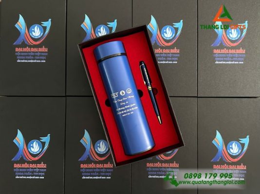 Combo Quà Tặng (Bình+ Bút) Màu Xanh – In Khắc Logo Đại Hội Đại Biểu
