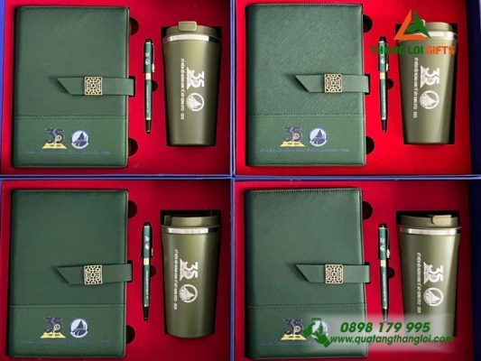 Bộ Quà Tặng (Sổ+ Ly+ Bút) Màu Xanh - In Khắc Logo Mừng Kỷ Niệm 35 Năm