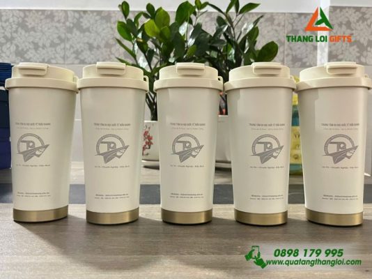 Ly Giữ Nhiệt 530ml - Màu Trắng Kem - Khắc Logo Trung Tâm Du Học Quốc Tế Trần Quang