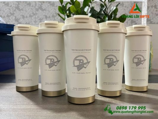 Ly Giữ Nhiệt 530ml - Màu Trắng Kem - Khắc Logo Trung Tâm Du Học Quốc Tế Trần Quang