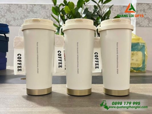 Ly Giữ Nhiệt 530ml - Màu Trắng Kem - Khắc Logo Trung Tâm Du Học Quốc Tế Trần Quang