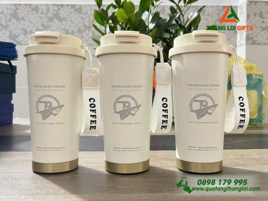 Ly Giữ Nhiệt 530ml - Màu Trắng Kem - Khắc Logo Trung Tâm Du Học Quốc Tế Trần Quang