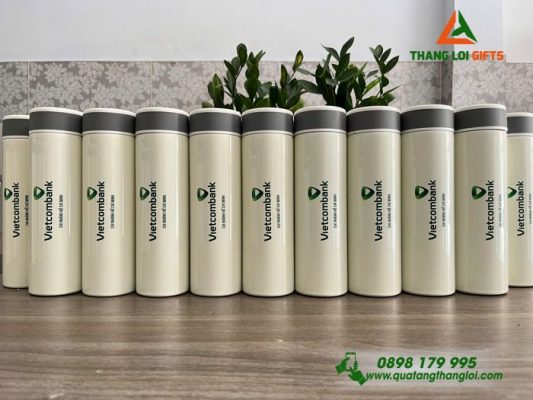 Bình Giữ Nhiệt Hiện Thị Đèn LED – Màu Trắng – In Logo Vietcombank
