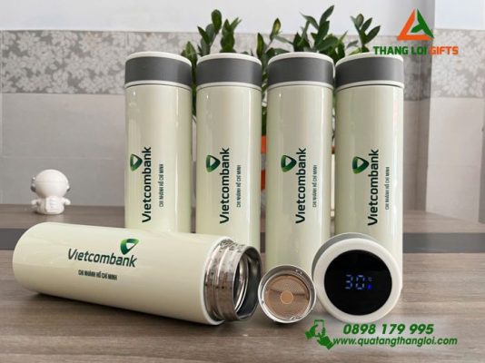 Bình Giữ Nhiệt Hiện Thị Đèn LED – Màu Trắng – In Logo Vietcombank