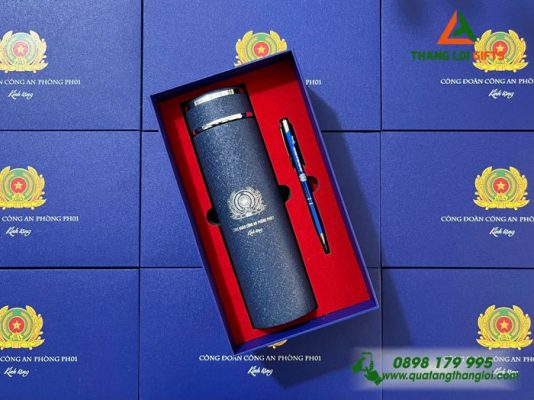 Bộ Quà Tặng ( Bình+Bút) Màu Xanh - In Khắc Logo Công Đoàn Công An
