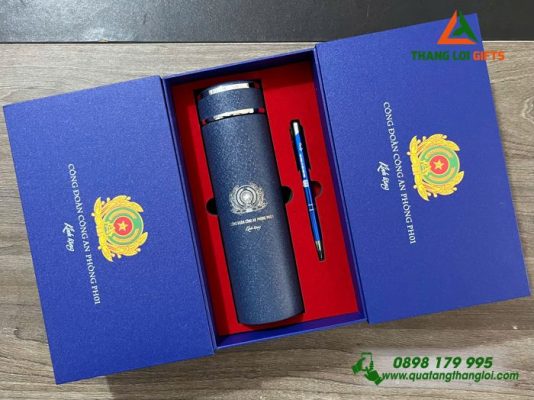 Bộ Quà Tặng ( Bình+Bút) Màu Xanh - In Khắc Logo Công Đoàn Công An 