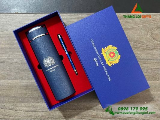 Bộ Quà Tặng ( Bình+Bút) Màu Xanh - In Khắc Logo Công Đoàn Công An 