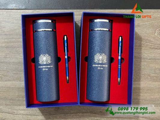 Bộ Quà Tặng ( Bình+Bút) Màu Xanh - In Khắc Logo Công Đoàn Công An 