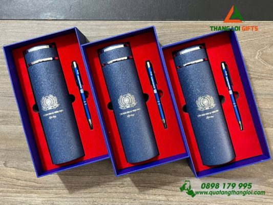 Bộ Quà Tặng ( Bình+Bút) Màu Xanh - In Khắc Logo Công Đoàn Công An 
