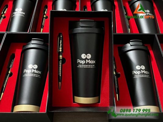 Set Quà Tặng ( Ly+Bút) Màu Đen - In Khắc Logo Pop Max