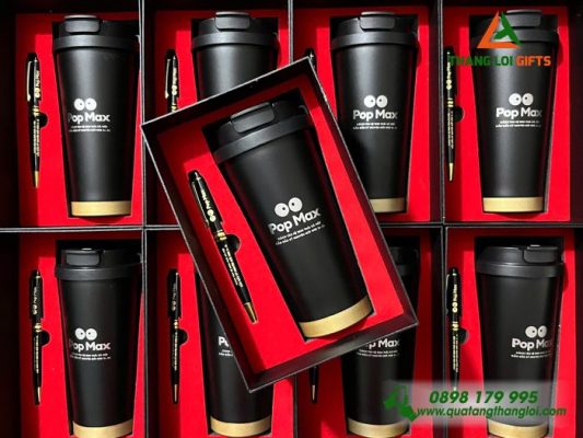 Set Quà Tặng ( Ly+Bút) Màu Đen - In Khắc Logo Pop Max