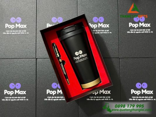 Set Quà Tặng ( Ly+Bút) Màu Đen - In Khắc Logo Pop Max